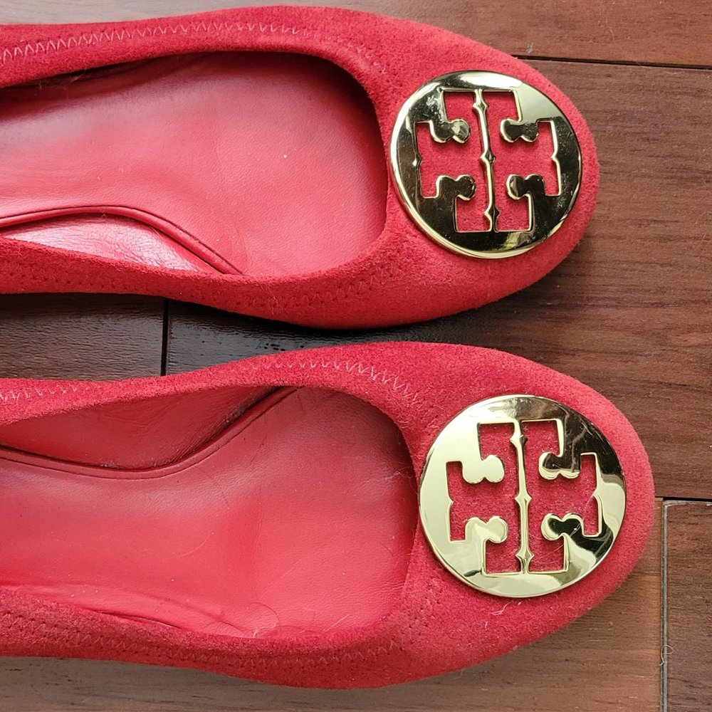 Tory Burch Reva Flats with Gold Emblem - Red Suede